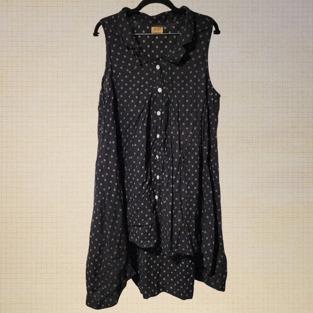 Boho Polka Dot Sleeveless Button-Up Cotton Dress Medium Tulip Flowy A-Line Hem.